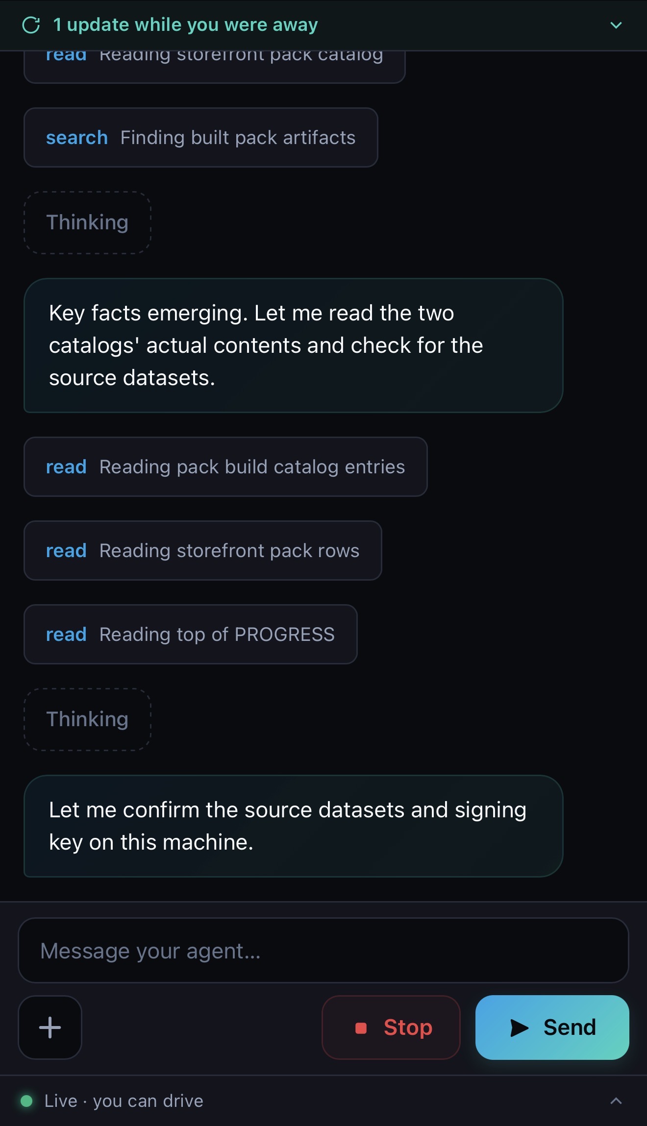 LUCID Remote mobile session showing live agent updates, tool activity, message composer, Stop and Send controls, and Live you can drive status
